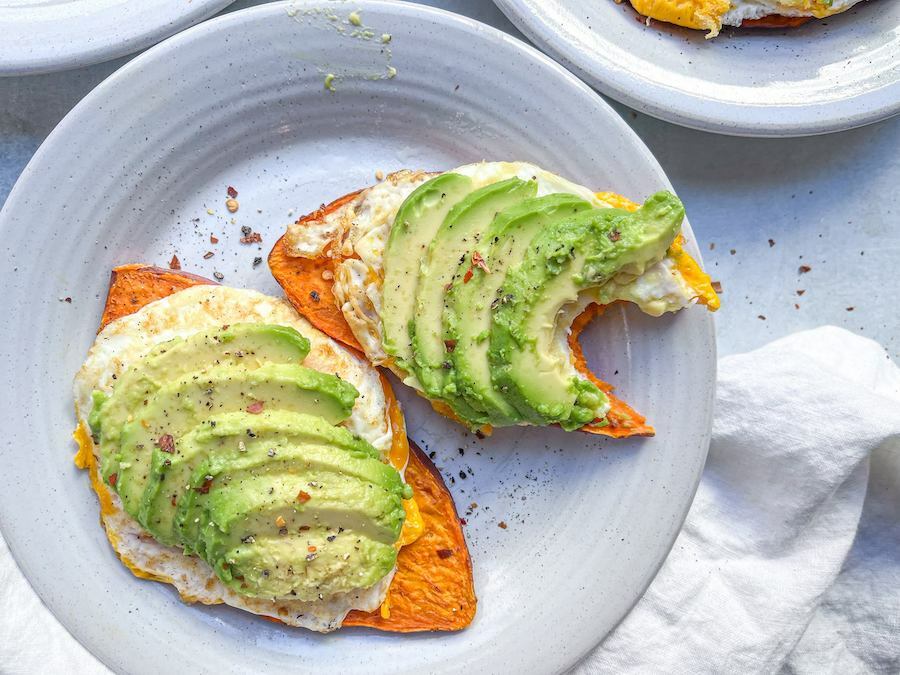 Finished slices of avocado sweet potato toast