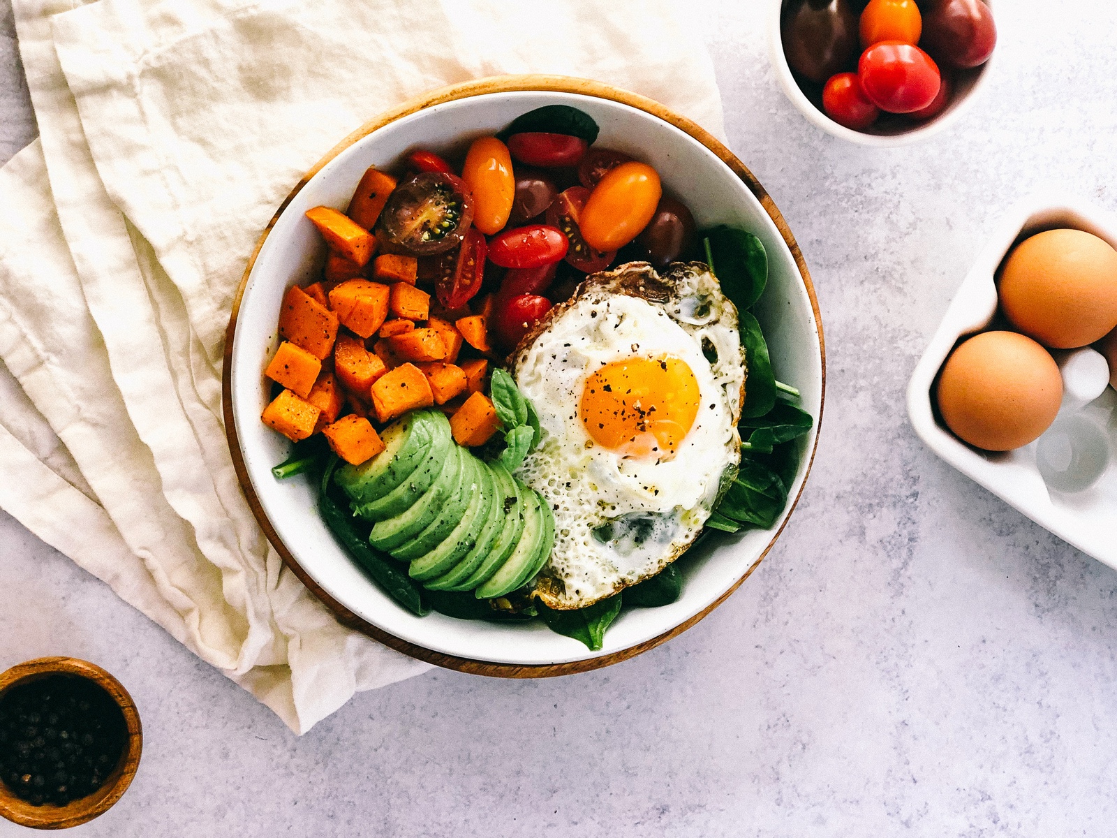 Vegetarian Breakfast Buddha Bowl birdseye view. 