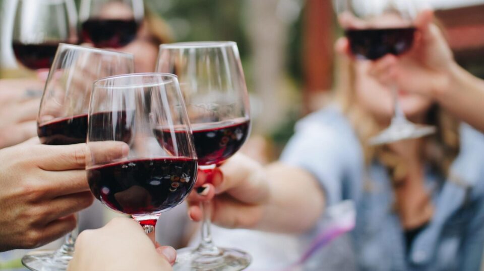 Group of people holding up glasses of red wine.