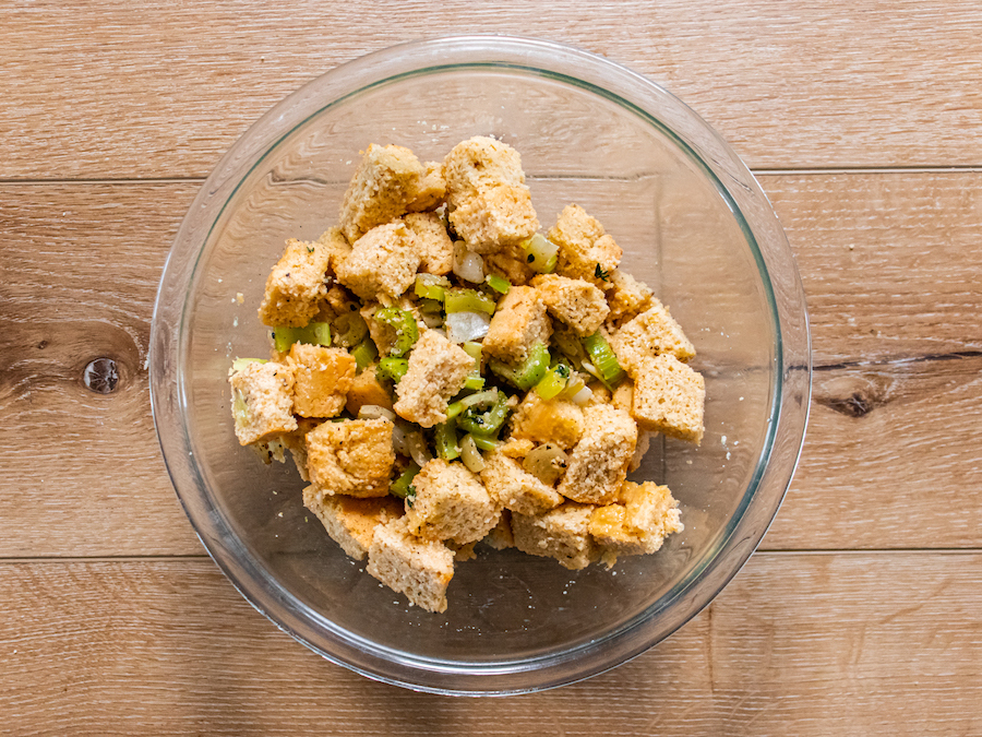 stuffing in a bowl being prepped for the duck