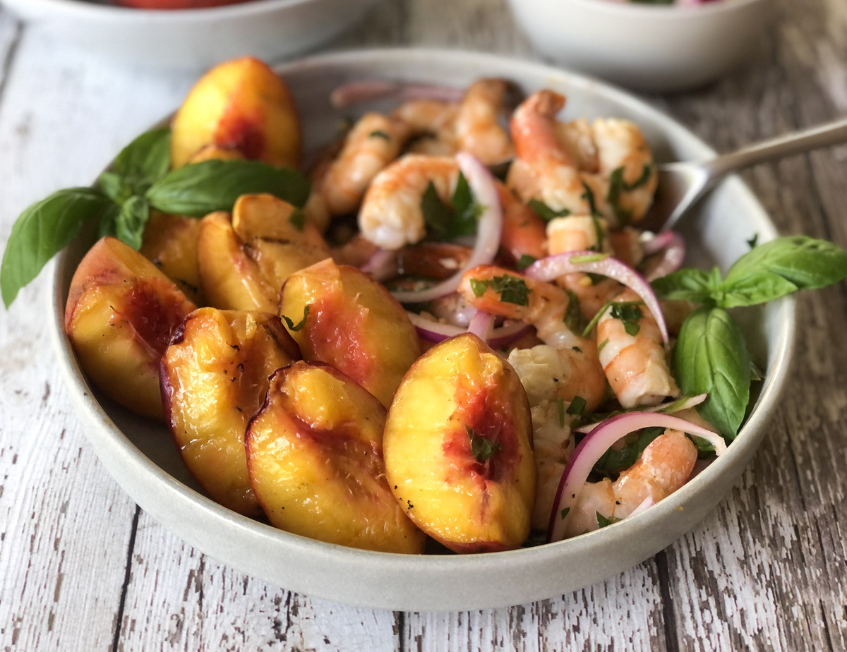 Shrimp & peach grillers in a bowl.