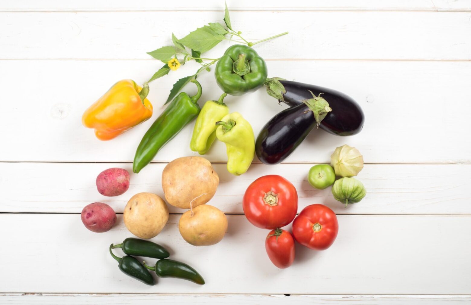 A variety of nightshade vegetables laid out on a table.