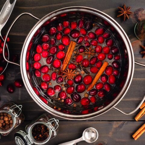 A pot of cranberries with cinnamon sticks sits on a counter surrounding by winter seasonal spices.